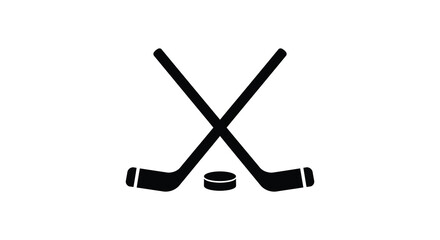 A simple black and white illustration of crossed hockey sticks and puck
