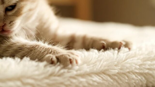 Adorable Kitten Paw Close Up on Fluffy Blanket.