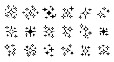 A collection of black sparkle and starburst icons arranged on white background