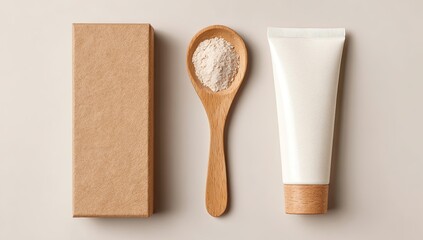 Flat lay of skincare product packaging.  Light beige background