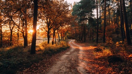 Fototapeta premium Road in autumn forest at sunset.