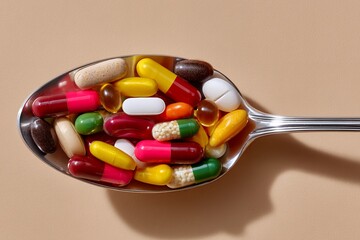 Colorful assortment of various pills and capsules on a spoon for health and medicine concept