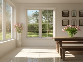 Fototapeta premium A bright, airy dining room boasts large windows overlooking a verdant garden, complemented by a wooden table and benches and a vase of soft pink tulips, creating a serene and inviting atmosphere.