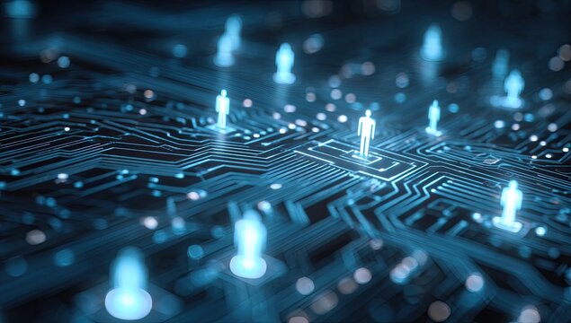 Abstract digital circuit board with glowing human figures - Powered by Adobe
