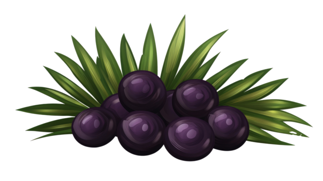 A group of acai berries with green leaves isolated on white png - Powered by Adobe