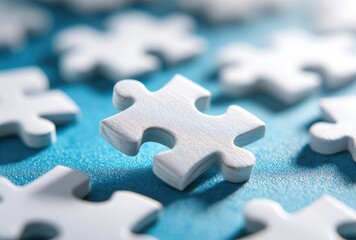Close-up of a single white jigsaw puzzle piece on a teal background