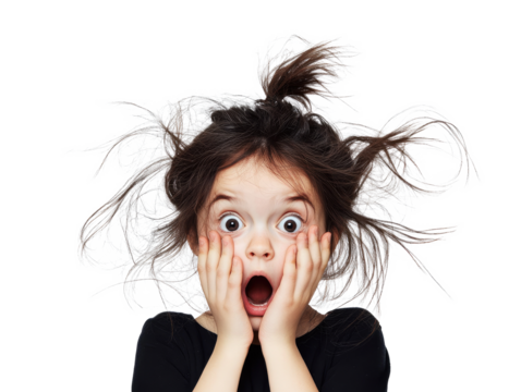 A girl with messy hair and wide shocked eyes covering her mouth with both hands, standing on white background png
