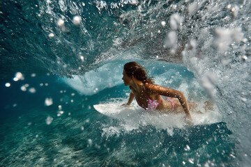 A female surfer in a pink bikini rides a wave underwater, surrounded by splashing water.