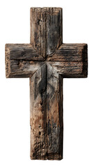 Old wooden Christian cross with rustic texture on white background. 