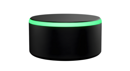 Smart home device with glowing green light isolated on transparent background, indicating active listening or processing, modern technology and connectivity