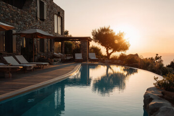 A luxury villa resort at sunset. Golden light reflects on the pool and terraces. The mood feels romantic and calming