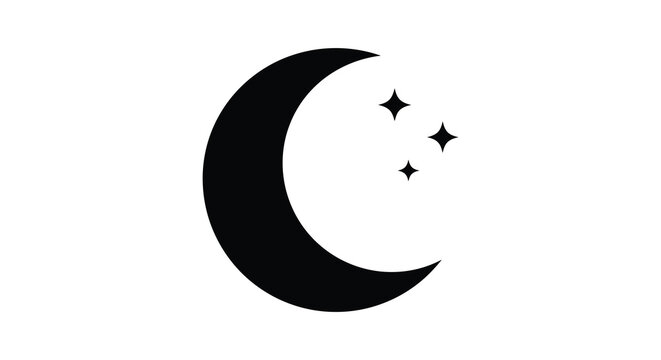 Simple black crescent moon with small sparkling stars on white background
