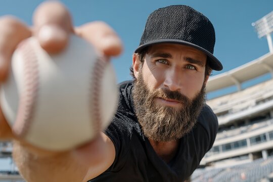 Young caucasian male pitcher holding baseball at stadium on sunny day