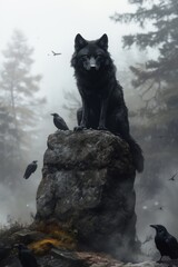 A majestic black wolf sits on an old stone, with a dramatic sky and a full moon in the background, creating a mystical and powerful scene
