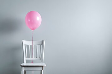 Pink balloon on white chair against gray wall