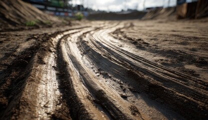 Close-up tire tracks in a sandy dirt path