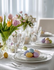 Easter dinner table setting with tulips and pastel eggs