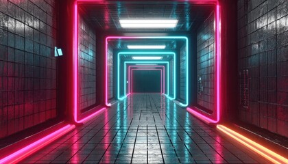 Neon tunnel with reflective floor