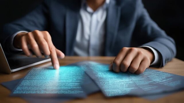 A man in a blue suit is sitting at a desk with a laptop open. corporate lawyer highlighting AI governance document pages, policy clean editorial