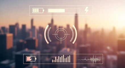 Futuristic cityscape interface with battery life target scope and audio wave visualizations overlaying a blurred urban skyline at sunset atmosphere