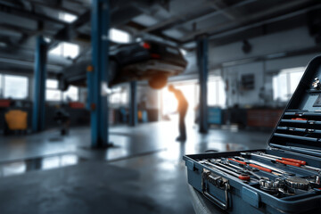 Obraz premium A mechanic working on a car lifted in an auto repair garage with a toolkit in the foreground.