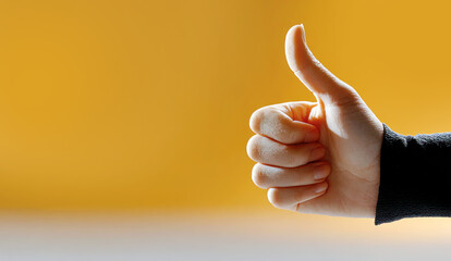 Close up A Hand in like gesture showing thumbs up sign against vivid color background with copy space for commercial, advertising, presentation, minimal style
