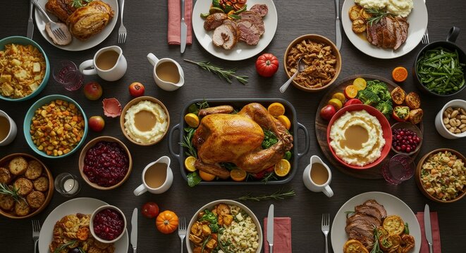 Overhead View of Thanksgiving Dinner Table Spread.