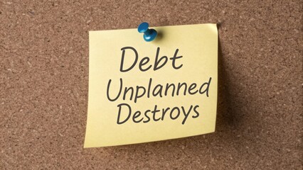 Sticky Note with Debt Message on Cork Board Highlighting the Impact of Unplanned Financial Struggles on Daily Life and Well-being