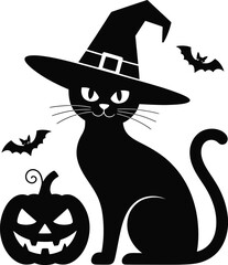 Black cat witch hat and pumpkin halloween silhouette design