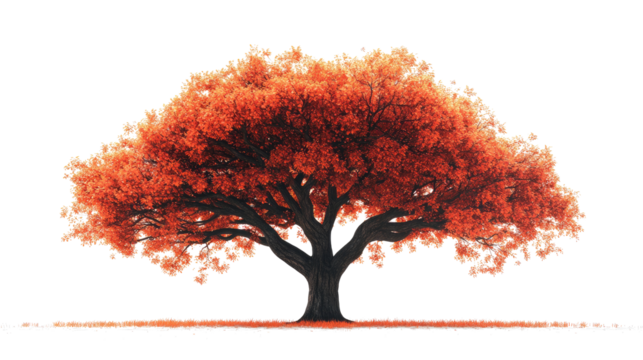 A huge autumn tree with finely detailed red-orange foliage and a stark silhouette trunk, centered against a white background.  png