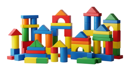 A colorful assortment of wooden building blocks stacked in various configurations, isolated on transparent background, creating a playful and educational scene