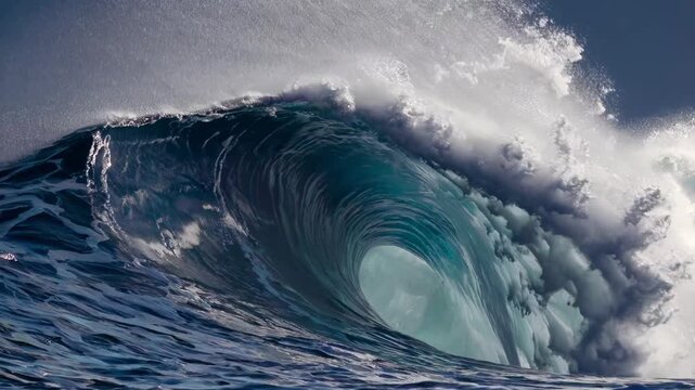 Massive and mighty ocean wave slowly cresting and crashing, illuminated by striking light, forming an exquisite barrel and sending foam and sea spray against a dramatic sky backdrop