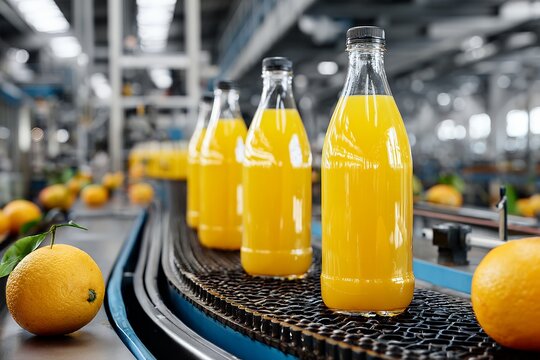 Orange juice bottling process in modern factory with conveyor belt and fresh oranges