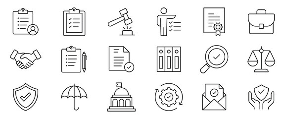 Regulation line icon set. Compliance Icon set. Containing rules, authority, conduct, law, guideline, penalty, government, ethics, compliance, procedure, and more. Vector illustration.