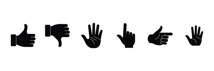 Obraz premium Different hand emojis, gestures, stickers, emoticons symbols collection. Collection of various black hand emojis. vector illustration.