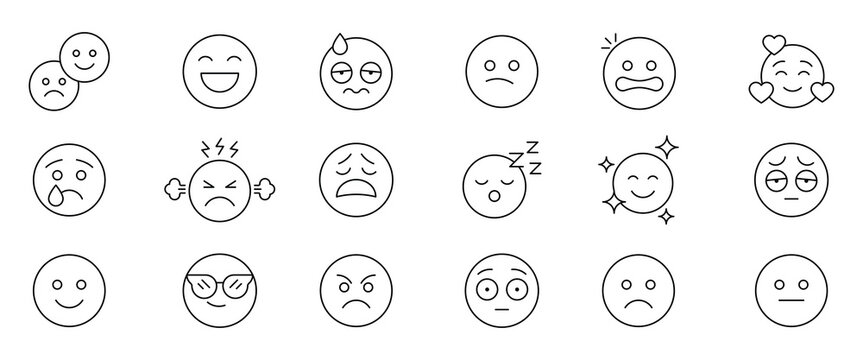 Emoji Icons. Mood emoji Icon set. Emoji faces icon set in line style. Human emotions related icons. Vector illustration.