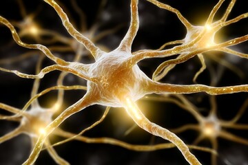 Close-up view of glowing neurons with synapses in neural network