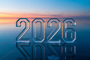 Stunning ice numbers 2026 reflect on frozen lake at vibrant sunset, symbolizing future and new beginnings