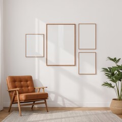 Fototapeta premium Mockup poster frames on a white wall in a mid-century modern interior featuring a burnt orange armchair, wooden accents, woven rug, and a vibrant potted plant