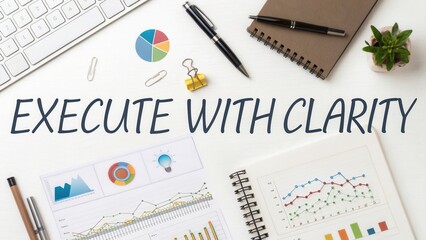 Professional workspace featuring charts, stationery, and motivational quote promoting clarity in execution strategies