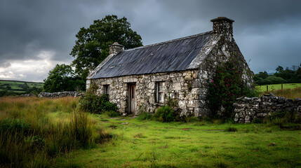 Obraz premium Rustic stone cottage nestled within an Irish landscape showcases its timeless architecture against a dramatic cloudy sky evoking feelings of historical charm and tranquility