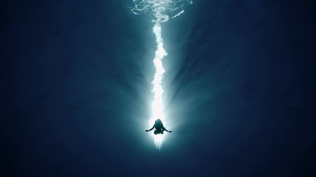 Solitary scuba diver silhouette ascending from the dark depths toward brilliant sunlit surface, serene underwater scene of blue light rays and quiet, hopeful exploration
