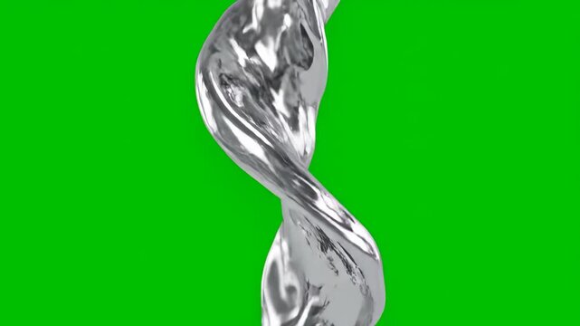 A fluid silver liquid metal elegantly spirals and flows downwards on a clean green screen isolated on a solid green background|equilateral triangle, modern, keying