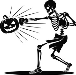 Skeleton boxer punching halloween pumpkin silhouette