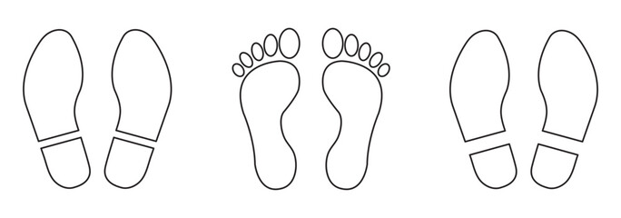 Different human footprints. Imprint soles shoes. Baby children footprint, Shoes for children and adults, adults and children's steps. Perfect for ecology, environment, travel, identity, lifestyle. 