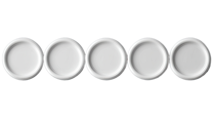 Five plain white circular plates arranged horizontally