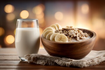 Healthy breakfast with milk and oatmeal topped with sliced bananas on rustic wooden table