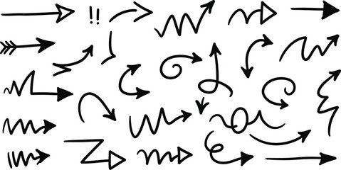 Collection of hand drawn black arrow icons with varied shapes and directions symbol