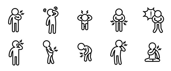 Disease and symptom icon set. Line outline style. Outline vector set of headache, treatment, toothache, dizziness and more