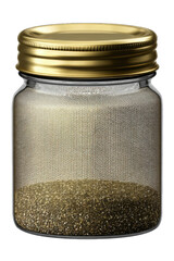 Glass jar with gold lid filled with granular substance